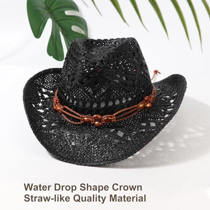 AQOKKA Straw Cowboy Hats for Women Men Western Cowgirl Hats with Shapeable Brim Woven Hollow Out Unisex Beach Roll Up Caps - color: Black Beads Cowboy Hat