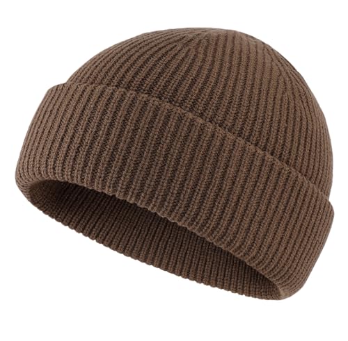 Connectyle Short Fisherman Beanie for Men Women Warm Winter Hats Knit Cuffed Beanies Skull Cap Acrylic Watch Hat - color: Light Coffee