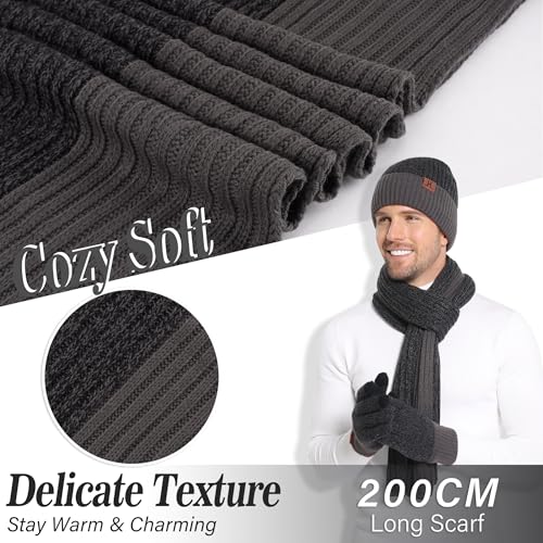 FZ FANTASTIC ZONE Mens Winter Beanie Hat and Scarf Touchscreen Gloves Sets - color: Dark Grey & Black