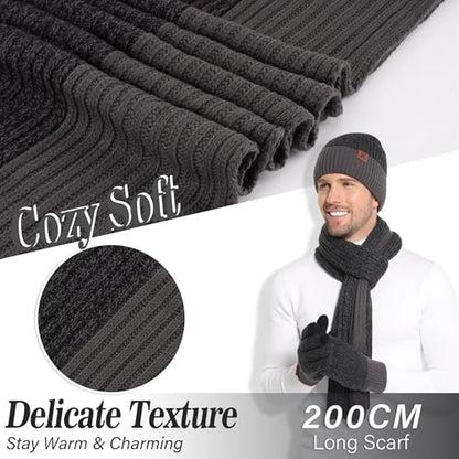 FZ FANTASTIC ZONE Mens Winter Beanie Hat and Scarf Touchscreen Gloves Sets - color: Dark Grey & Black