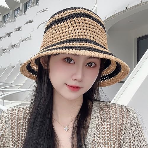 Gogobear Summer Straw Sun Hat for Women Outdoor Striped Beach Bucket Hat - color: Khaki