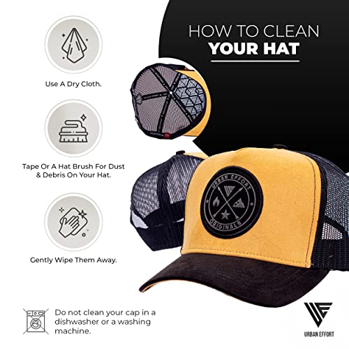 Urban Effort Trucker Hat for Men & Women, Mesh Back Baseball Cap, 5 Panel - color: Black + Gold, style: Mesh Back