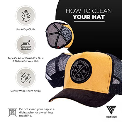Urban Effort Trucker Hat for Men & Women, Mesh Back Baseball Cap, 5 Panel - color: Black + Gold, style: Mesh Back