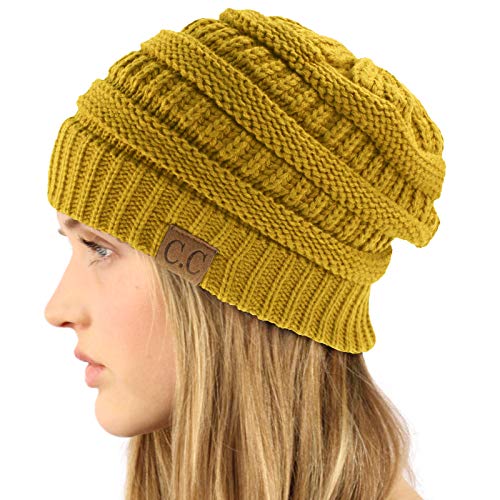 CC Classic Winter Fall Trendy Chunky Stretchy Cable Knit Beanie Hat - color: Solid Mustard
