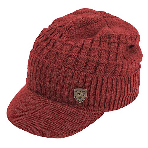 Original One Winter Wool Knitted Chunky Visor Beanie Hat with Brim Fur Lined Peaked Ski Cap - color: Red