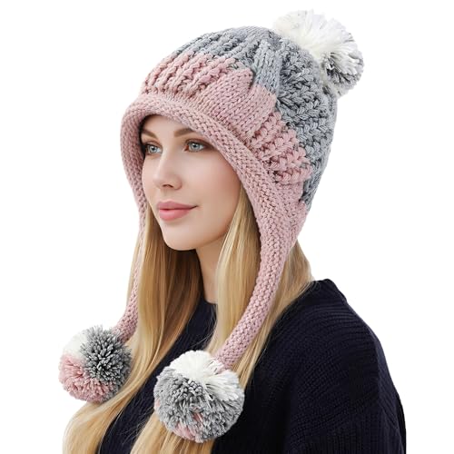 HUAMULAN Women Winter Sherpa Knit Beanie Hat Fleece Lined Ear Flaps - color: Gray Pink