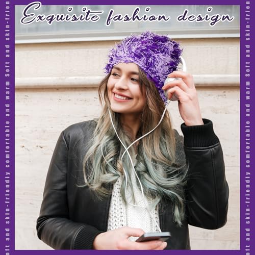 Chuarry Distressed Knitted Beanie Fuzzy Winter Hat - color: Assorted Purple White
