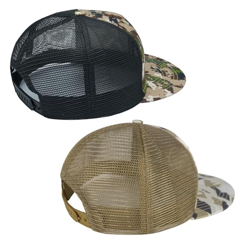 BASSDASH 2 Pack Flat Brim Trucker Cap Adjustable Snapback Hat Mesh Back for Men Women Fishing Hunting - color: Pack of 2, Highland & Mountain Camo
