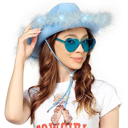 Funcredible Light Up Cowboy Hat and Glasses – LED Cowgirl Hat with Feathers – Cowgirl Costume Accessories for Women - color: Lightblue