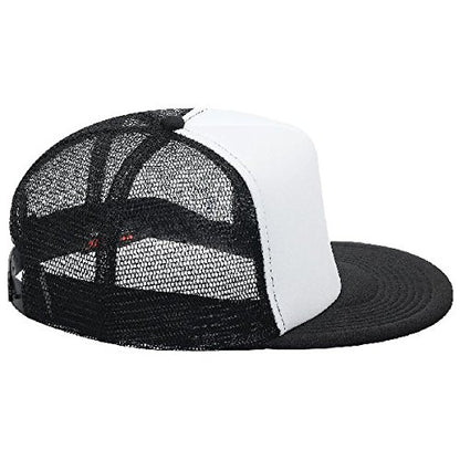 OTTO SNAP Round Flat Visor High Crown Mesh Back 5 Panel Trucker Snapback - color: Blk/Wht/Blk