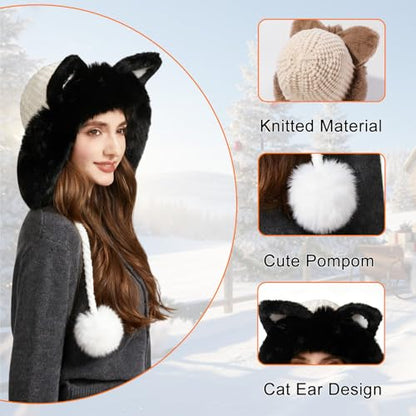 Women Winter Sherpa Beanie Hats Knit Ear Flap Hat Fleece Lined - color: Cream White With Ear