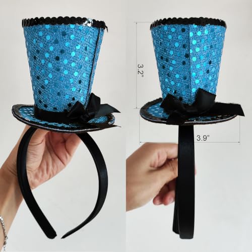 WLBON Halloween Mini Top Hat Headband 1920s Bow Sequins Hair Hoops Bands Fascinator Headpiece Hairband Women Christmas Holiday Festival Parade Cosplay Dress Up Birthday Tea Party Accessories Blue - color: Blue Tone