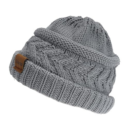 Rosoz 2 Pack Ponytail Beanie for Women,Winter Warm Beanie Tail Soft Stretch Cable Knit Messy High Bun Hat - color: 2pack-khaki/Light Grey