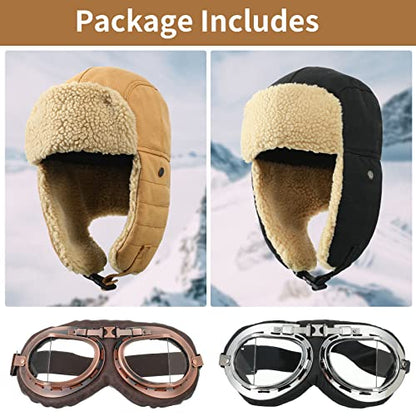 JaGely 4 Pcs Pilot Hat and Goggles Flight Costume Accessories Pilot Helmet Cap with Ear Flaps Hat Adults Winter - color: Black and Khaki, style: Classic