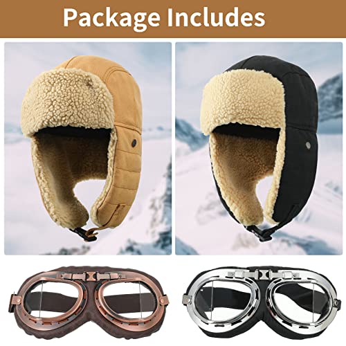 JaGely 4 Pcs Pilot Hat and Goggles Flight Costume Accessories Pilot Helmet Cap with Ear Flaps Hat Adults Winter - color: Black and Khaki, style: Classic
