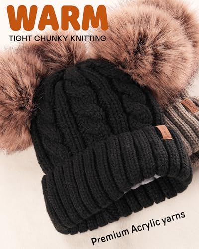 FURTALK Toddler Winter Hat Knit Beanie Double Faux Fur Pompoms Girls Boys - color: Black, size: 2-6 Years