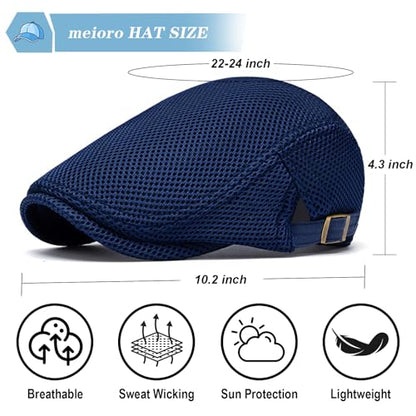 meioro Mens Breathable Mesh Summer Hat Adjustable Flat Cap Newsboy Beret Ivy Cap Irish Cabbie Fishing Hats - color: Navy