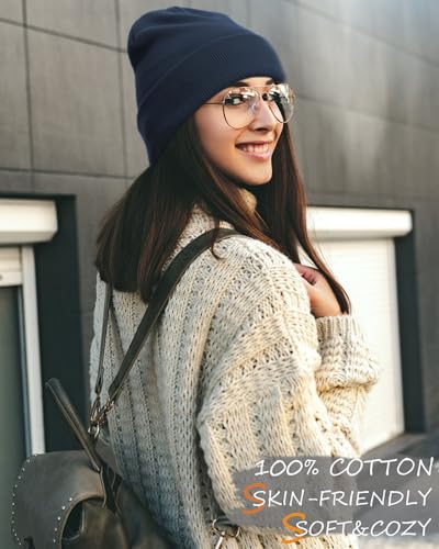 vidsel 100% Cotton Beanie Hat-Unisex Winter Knit Cuffed Beanies Skull Cap - color: 1-navy Blue