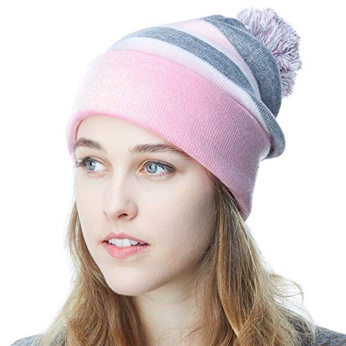 Winter Knit Beanie Hat with Pom Pom – Warm Cuffed Slouch Ski Cap for Men & Women - color: 1.pink and Grey With Pom