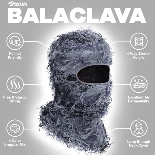 ROXUN Distressed Ski Mask Balaclava, Yeat Shiesty Fluffy Knitted Full Face - color: 01- Gray Mixed