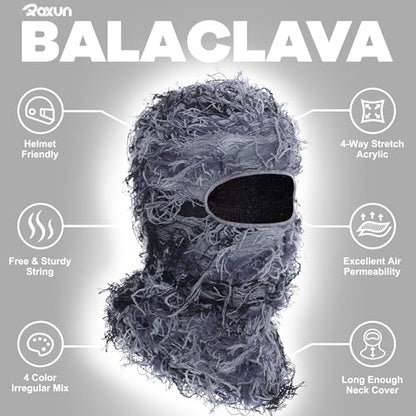 ROXUN Distressed Ski Mask Balaclava, Yeat Shiesty Fluffy Knitted Full Face - color: 01- Gray Mixed