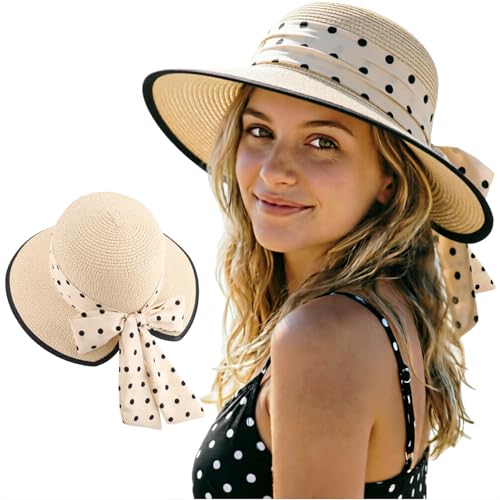 DRESHOW Sun Hats for Women Travel Fedora Foldable Beach Sun Hat Summer Wide Brim Straw Bucket Hat with Bowknot UPF 50+ - color: 1 Pack Bowknot Straw Hat: Beige With Black Trim