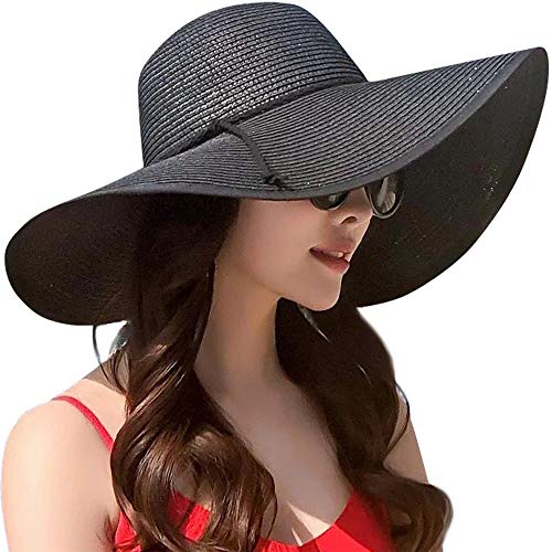 AQOKKA Beach Hats for Women Men Big Straw Wide Brim Summer Hat Floppy Foldable Roll up Cap for Beach Outdoor UPF 50+ - color: 1 Pack: String Tie Black