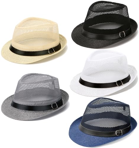 Gionforsy 5 Pack Mens Fedora Hat Summer Beach Hat Short Brim Fedora Hats - color: Dark Blue