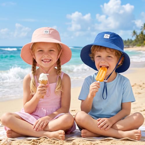 Kids Sun Hat Smile Face Bucket Hat Toddler Hat Wide Brim Adjustable Strap - color: Blue+pink, size: 3-8T