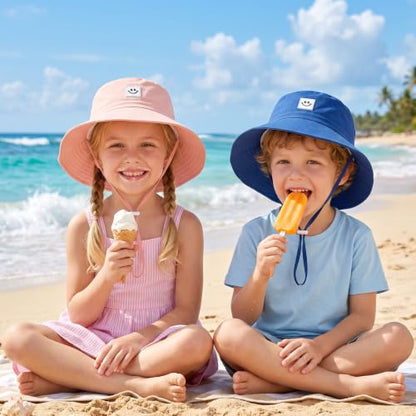 Kids Sun Hat Smile Face Bucket Hat Toddler Hat Wide Brim Adjustable Strap - color: Blue+pink, size: 3-8T