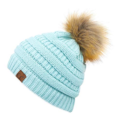 C.C Fur Pom Winter Fall Trendy Chunky Stretchy Cable Knit Beanie Hat - color: Solid Mint