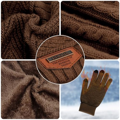 MAYLISACC Winter Knit Beanie Hat Neck Warmer Scarf and Touch Screen Gloves Set 3 Pcs Fleece Lined Skull Cap for Men Women - color: Brown--3 Pcs--(hat+scarf+gloves)