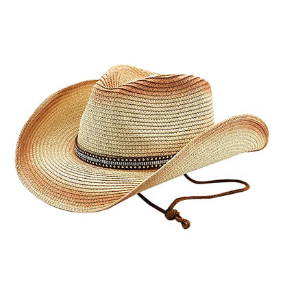 Cowboy Straw Hat Men Women Wide Brim Fedora Panama Bucket Hat UV Protection Vacation Cap Foldable Beach Western Cap - color: Beige-red