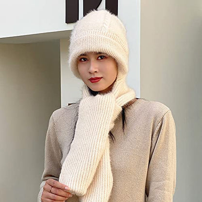 Winter Warm Elastic Soft Ear Protection Knitted Scarf Hat Fleece Lined Beanie Hat - color: H01-beige