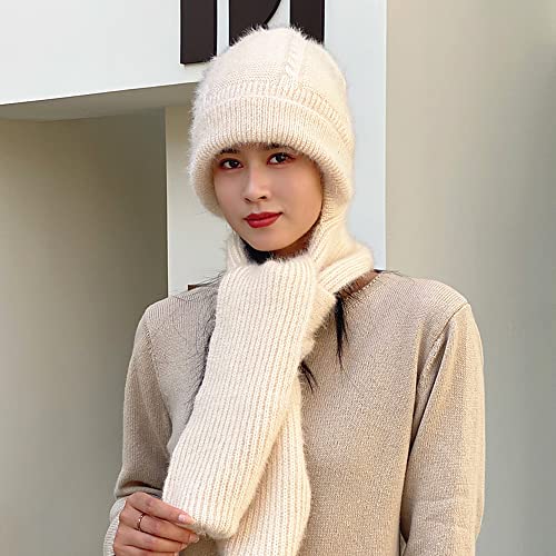 Winter Warm Elastic Soft Ear Protection Knitted Scarf Hat Fleece Lined Beanie Hat - color: H01-beige