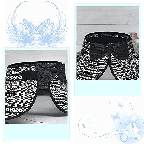 Women Sun Visors Foldable Straw Hats Summer Beach Packable Hat Floppy Wide Brim Cap Deep Style, Adjustable Size - color: Black Mix