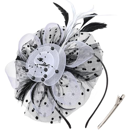 DRESHOW Fascinators Hat Flower Mesh Ribbons Feathers on a Headband and a Clip Tea Party Headwear for Girls and Women - color: 7" Diameter/ Black White