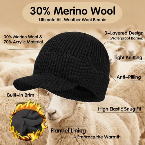 BEARAE XL-XXL Winter Beanie with Brim, Fleece Lined Knit Beanie Hat for Men, Waterproof Winter Hat Ski Cap for Cold Weather - color: Black