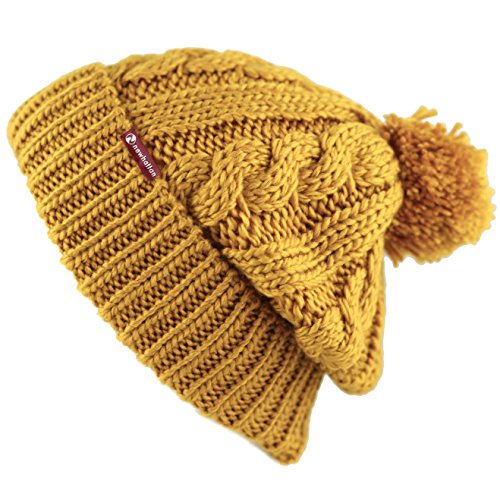 Women and Men Beanie Daily Winter Oversized Thick Stretchy Knitted Pom Pom Beanie Fleece Lined Beanie Hat - color: 1. Curly Mustard W/ Label