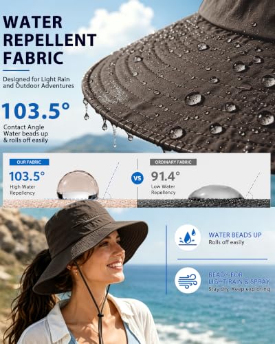 Womens Ponytail Sun Hat UPF50+ Waterproof Bucket Hat Packable Beach Hat - color: Coffee