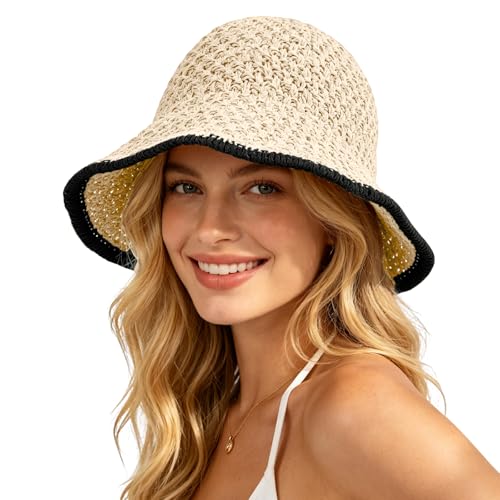 Sun Hat for Women Summer Straw Beach Hats Bucket Hat Floppy Crochet Hat - color: Beige/Black