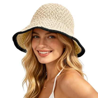 Sun Hat for Women Summer Straw Beach Hats Bucket Hat Floppy Crochet Hat - color: Beige/Black
