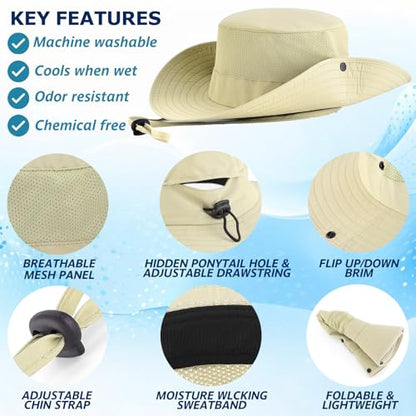 Cooling Sun Bucket Hat, UPF 50+ Wide Brim Boonie Hat with Ponytail Hole - color: 01 Kahki