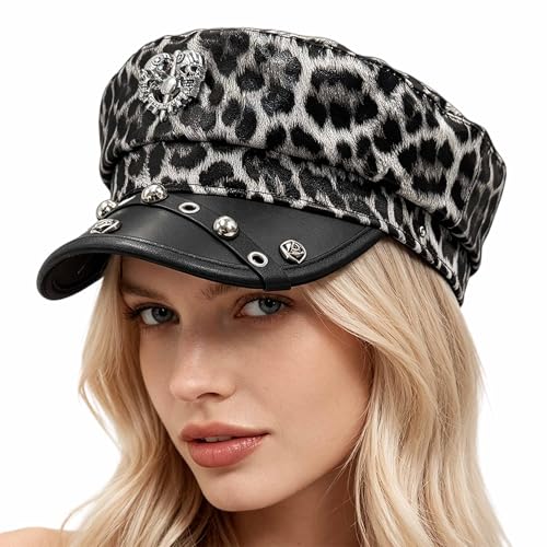 Faux Leather Newsboy Hat for Women Skull Vintage Classic Costume Beret Cap for Men Sailor Fiddler Caps