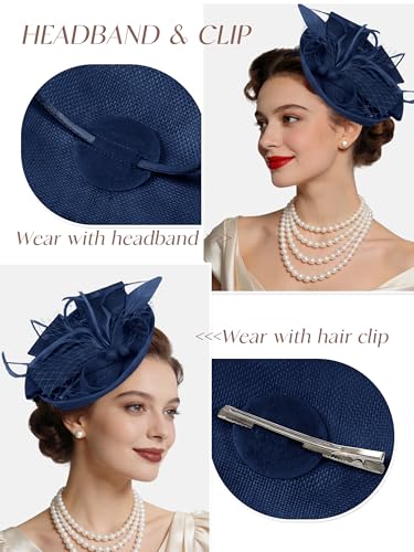 Women Fascinators Hats Tea Party Headband Hair Clip Feathers Hat for Wedding Cocktail Party - color: Navy