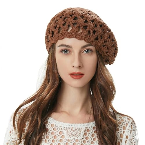 ZLYC Women Cotton Slouchy Crochet Beret Handmade Cutout Floral Beanie Hat - color: Khaki