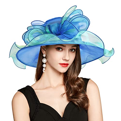 2026 Derby Hats for Women Ladies, Classy Organza Sun Hat, Church Tea Party Wedding Kentucky Fascinator Hat - color: B2967-royal Blue