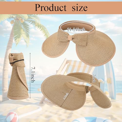Foldable Straw Sun Visor Hats for Women Wide Brim Beach - color: Hot Pink, Khaki, Black, Pink