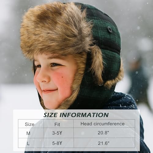 Kids Winter Trappers Hat Toddler Outdoor Windproof Ushanka Ski Cap Ear Flap Chin Strap Snow Hat for 3-8Y - color: Plaid Green, size: Medium