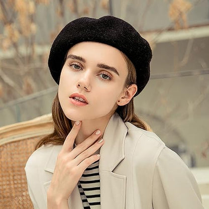 Women Beret Classic French Hat - Elegent Black Wool Beret for Party Romantic French Themed Fancy Dress(Size:S/M) - color: Black